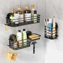 LEVERLOC Shower Caddy Suction Cup, 3 Pack Heavy Duty Bathroom Organizer for Inside Shower with Hooks & Soap Holder, Removable Bathroom Organizer, Rustproof Black Holder Storage Black