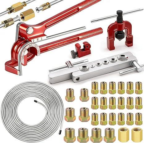 smseace 26Pack 3/16 Inch Brake line kit Include 25 FT ZincPlated Brake Lines with Fitting(16pcs Fittings,2pcs Union+4pcs Nut) Brake line Bender,Single Flare Tool,Cutter 3/16 Inch Brake line kit