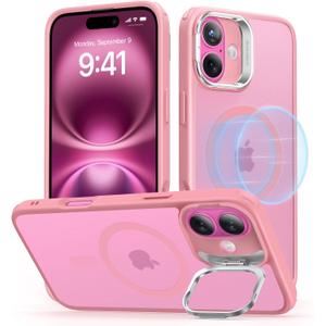 2 x ESR for iPhone 16 Case, Compatible with MagSafe, Military-Grade Protective Case, Built-in Stash Stand Phone Case, Scratch-Resistant Back Cover, Classic Series, Frosted Pink