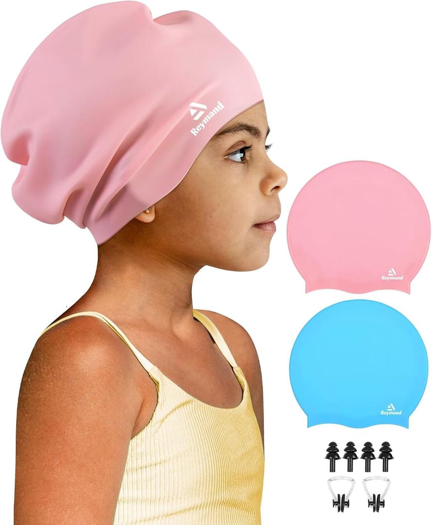 2 Pack Kids Extra Large Swim Cap for Long Thick Hair, Waterproof Silicone Swimming Cap for Toddler Child Youth Girls Boys, Durable Swim Hats Bathing Caps for Braids, Dreadlocks, Extensions, Afros Sky Blue + Light Pink