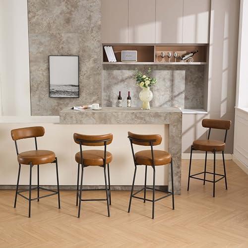 GAOMON 27” Modern Counter Stools Set of 2, Leather Bar Stools with Back & Pedals & Metal Legs, Upholstered Bar Chairs for Dining Room/Kitchen Island/Bar