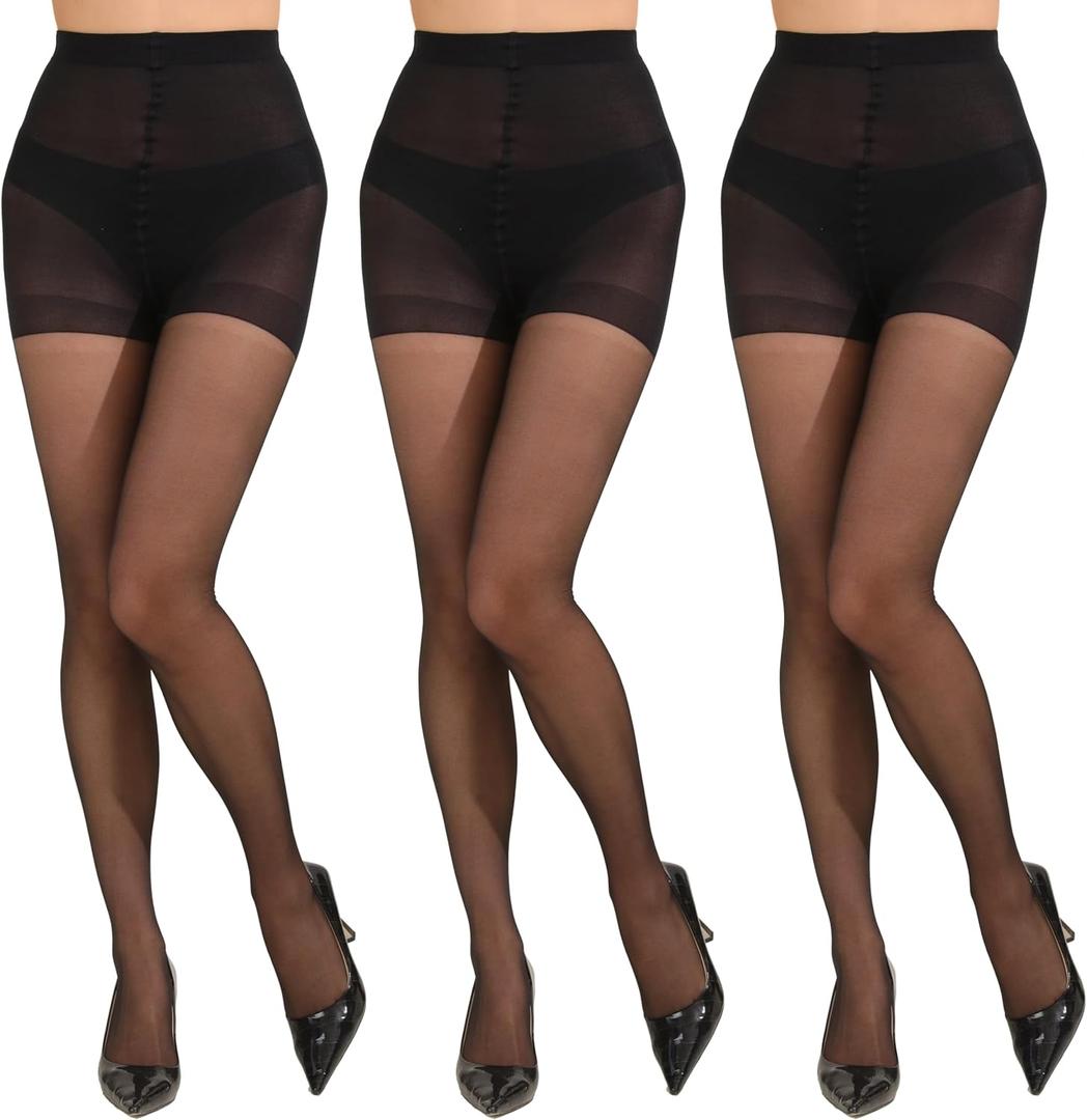 3 Pairs Women's 20D Pantyhose with Control Top and Reinforced Toes (Black, XXL)