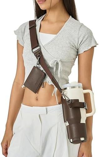 Premium Water Bottle Carrier Bag for Stanley 40oz & Simple Modern 40oz - PU Leather Water Bottle Holder with Adjustable Strap - Includes Card Holder & Keyring for Stanley Cup Accessories (Dark Brown)