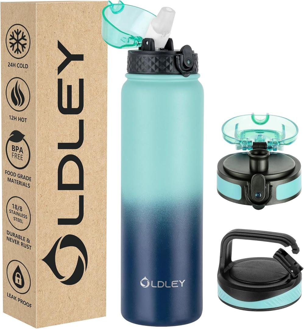 Oldley Insulated Water Bottle 32 oz Stainless Steel with Straw Lid/Chug Lid, Double Wall Vacuum Wide Mouth Sweat/Leak-Proof for Sports Gym Travel Camping (Caribbean Blue)