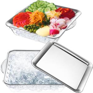 Baderke 2 Sets 9" Chilled Serving Tray for Parties with Compartments Square Ice Chilled Charcuterie Party Platter Serving Cold Dish for Shrimp Fruit Seafood Vegetable Appetizer Dish (Natural)