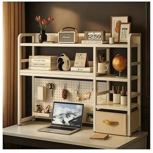 Desktop Bookshelf, pegboard Storage and Organization Rack, Dorm Desk Shelf, Desk Hutch, Desktop Storage for Office, Study, Student Display Rack,Desktop Shelves (White 37.4" Lx9.9 Wx37 H)