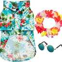 3 Pieces Small Dog Hawaiian Costume Puppy Halloween Cool T-Shirts Summer Clothes with Retro Sunglasses and Colorful Wreath Hawaiian Shirts Costume for Dogs Pet(Green Series) S/M