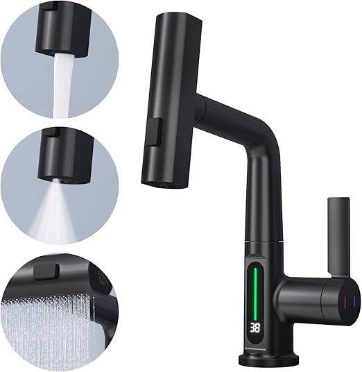 BARROCK Waterfall Bathroom Faucets with Sprayer, Modern Pull Down/Out Bathroom Sink Faucet with Celsius Digital Temperature Display, Height Adjustable Basin Mixer Tap No Battery Needed, Matte Black