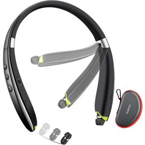Bluetooth Headset, 2026 Upgraded Neckband Bluetooth Headphones with Retractable Earbuds, Noise Cancelling Stereo Earphones with Mic, Foldable Wireless Headphones for Sports Office with Carry Case (Black)