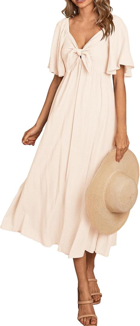 PRETTYGARDEN Summer Dress for Women 2026 Casual Short Sleeve Bow Tie V Neck Ruffle Midi Flowy Dresses (Beige, XXL)