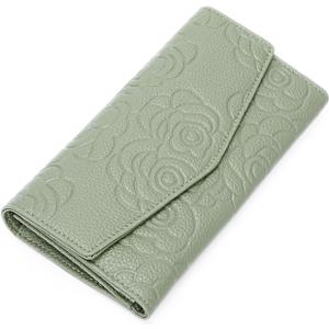 GOIACII Women's Wallet RFID Blocking Credit Card Holder Ladies Clutch Purse with Zipper Coin Pocket Embossed Flower Green