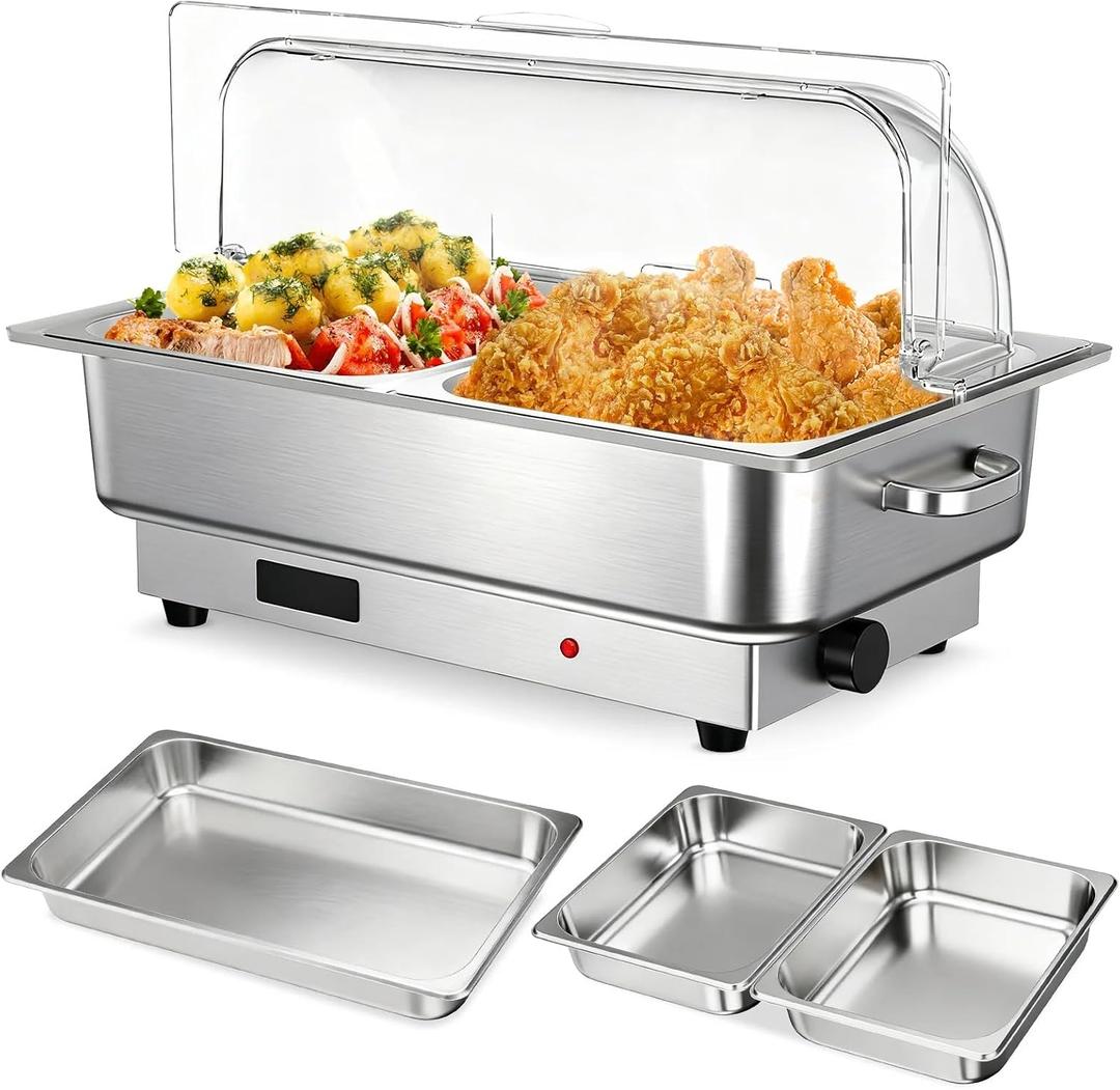 Garvee Electric Chafing Dish Buffet Set, 9 qt Roll Top Food Warmer with Transparent PC Lid, with 1 Full-Size Pan & 2 Half-Size Stainless Steel Chafer for Catering Parties