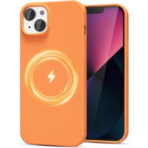 for iPhone 13 Mini/ 12 Mini Case Silicone Compatible with Magsafe, Cute Thin Slim Magnetic Soft Rubber Gel Mag Safe Phone Case for Women Girls, Hard TPU Bright Solid Color Cover, Neon Orange