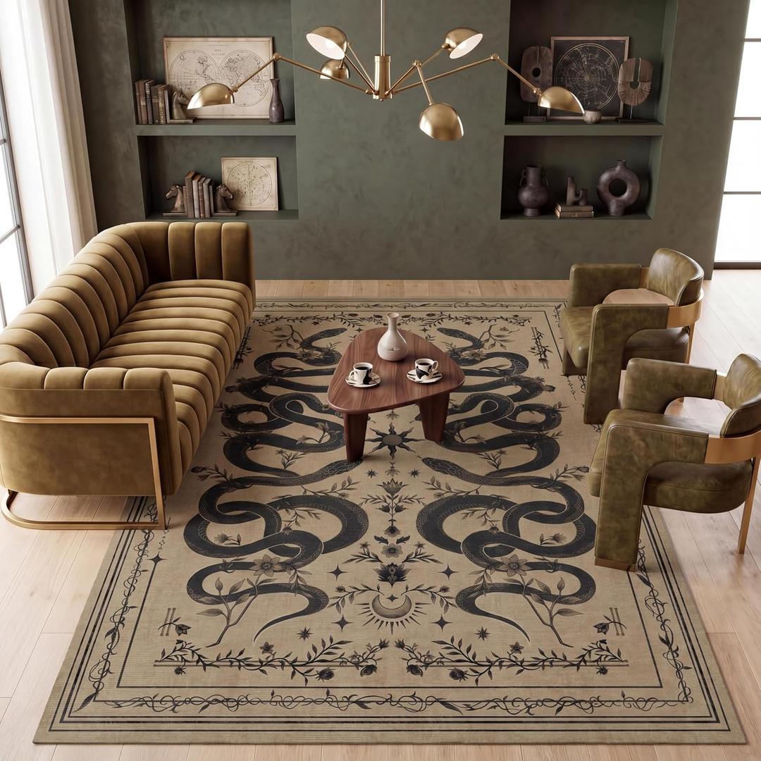 Garvee Snake Gothic 9x12 Area Rug Dark Whimsical Moody Witchy Unique Soft Thin Large Carpet for Living Room Bedroom Dining Room Playroom Indoor Decor Low Pile TPE Backing Taupe