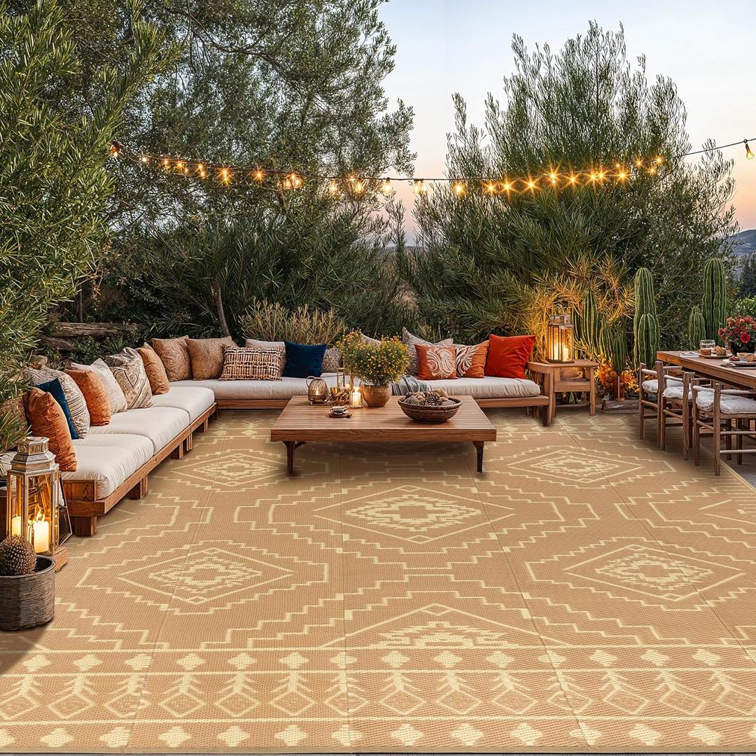 LBRO2M Plastic Straw Outdoor Rug Waterproof Rugs 8X10 UV Resistant Moroccan Geometric Reversible RV Rug for Outside Camping Rugs for Patio, Picnic, Beach (8X10, Brown)