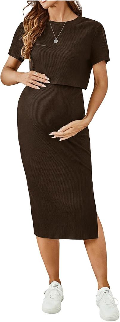 SHENHE Women's Maternity Ribbed 2 Piece Outfits Short Sleeve Crop Top Bodycon Slit Midi Skirt Set X-Large, Brown