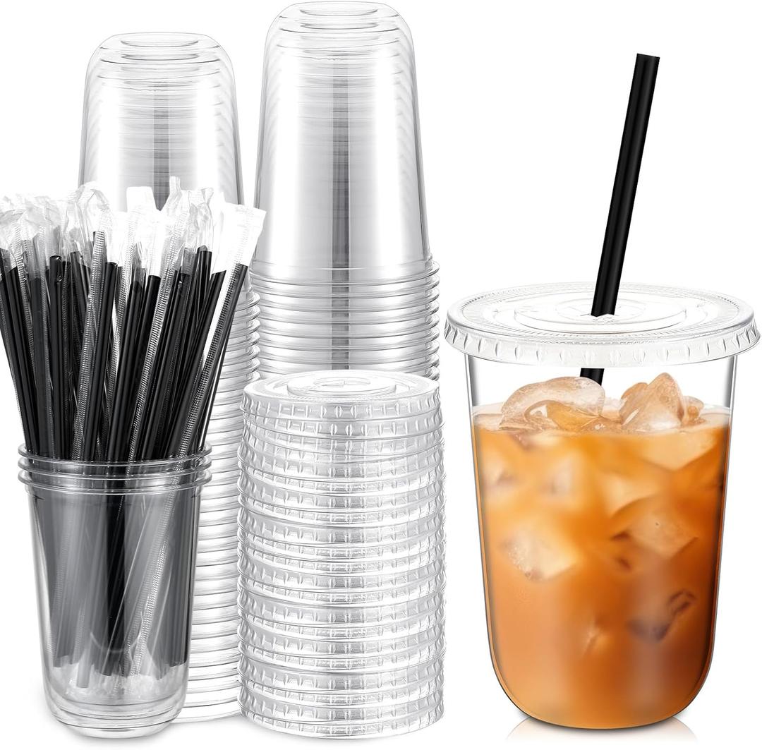 Ziliny 50 Set Clear Plastic Cups with Lids and Straws, Disposable Iced Coffee PET Cups for Drinking Cold Beverage Juice Parfait Smoothie Milkshake Coffee Shops Party Supplies (16 oz)