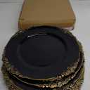 Okllen 12 Pack Plastic Round Charger Plates, 13" Dinner Charger Dessert Plates with Gold Rim, Vintage Charger Serving Plates for Catering, Wedding, Tabletop Decor, Black, Floral Trim