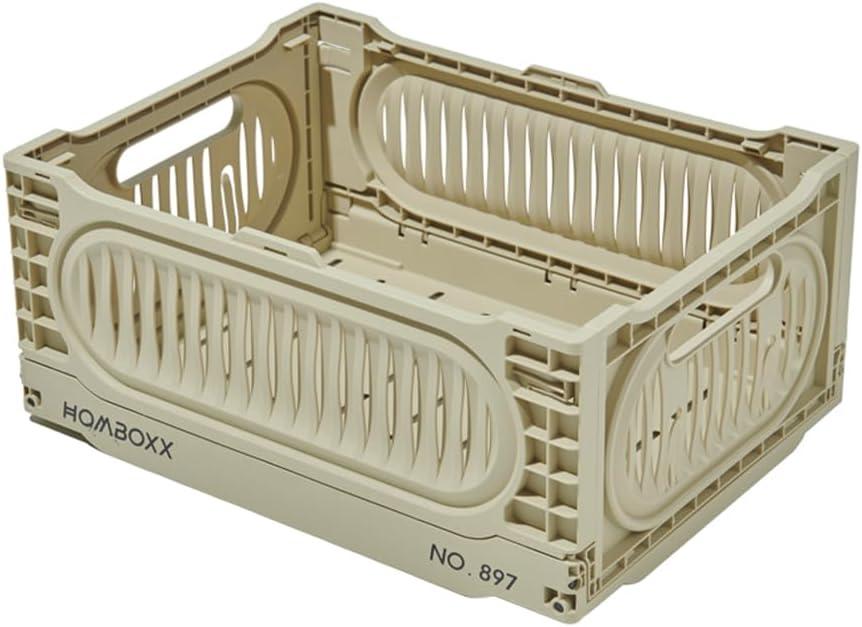 Collapsible Plastic Storage Basket Fordable Crate Organizer for Home Outdoor Office Organizing (Medium 1 pack,Beige)