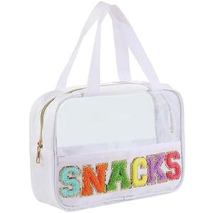 Chenille Letter Patch Clear Bag,Preppy Multi-purpose PVC&Nylon Clear Makeup Bag with Handles,Large Travel Makeup Toiletry Storage Zipper Pouch, Tote Bag for Women (White-SNACKS)
