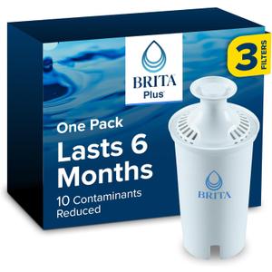 Brita Plus Water Filter, BPA-Free, High-Density Replacement Filter for Pitchers and Dispensers, Reduces 2x Contaminants*, Lasts Two Months or 40 Gallons, Includes 3 Filters