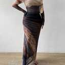 MARZXIN Women Long Sleeve Maxi Dress Bodycon Ruched Formal Slim Fit Tie Dye Dress Formal Mesh Dress (S)