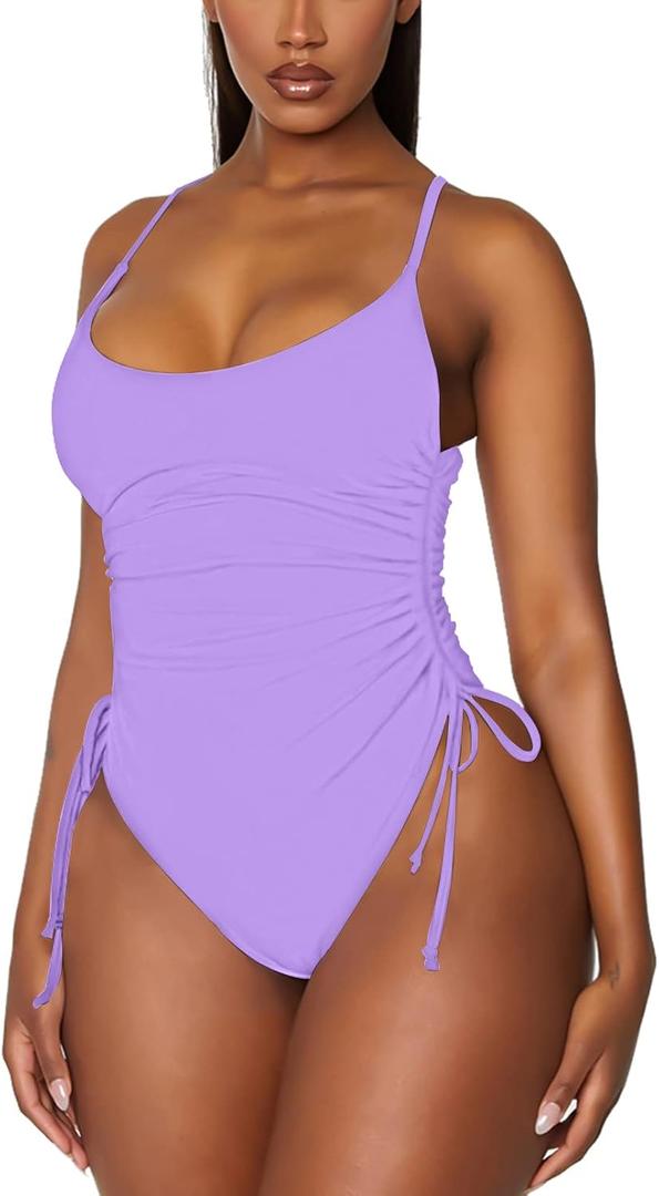 Viottiset Women's Ruched High Cut One Piece Swimsuit Tummy Control Bathing Suit Monokini (XX-Large, Purple)