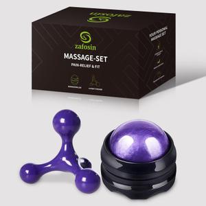 Massage Set Including Manual Massage Ball & Four Trigger Point Finger Hand-Held Massage Tools Roller with Knobs for Pain Relief Relaxing, Muscle Treatment and Back Neck (Purple)