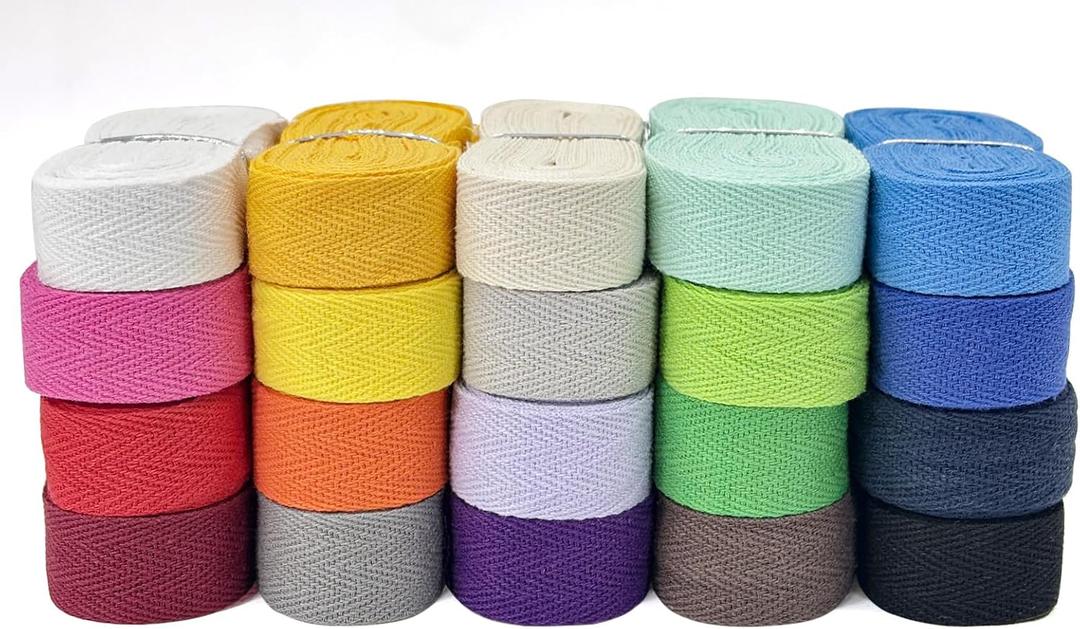 Cotton Twill Tape Ribbon - 100 Yards 3/4inch, 20 Colors Webbing Straps Herringbone Tape for Sewing, Crafts,Ties,Decoration Overlocked Edges, Non-Fadings DIY, Clothing,Fabric Trim(Mixed)