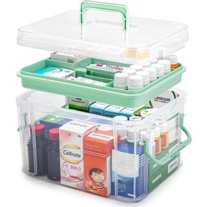 15QT Clear Medicine Organizer Storage Box with Handle & Tray - Thickened Plastic Empty First Aid Box, Multipurpose Medical Container with Lids/Labels, Medication Caddy for Home, Baby, Elderly, Dorm