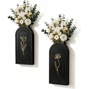 2 Pack Wooden Wall Planter Vase Set, Black Finish Modern Farmhouse & Boho Wall Decor for Living Room, Bathroom, Kitchen, Dining Room (Black)