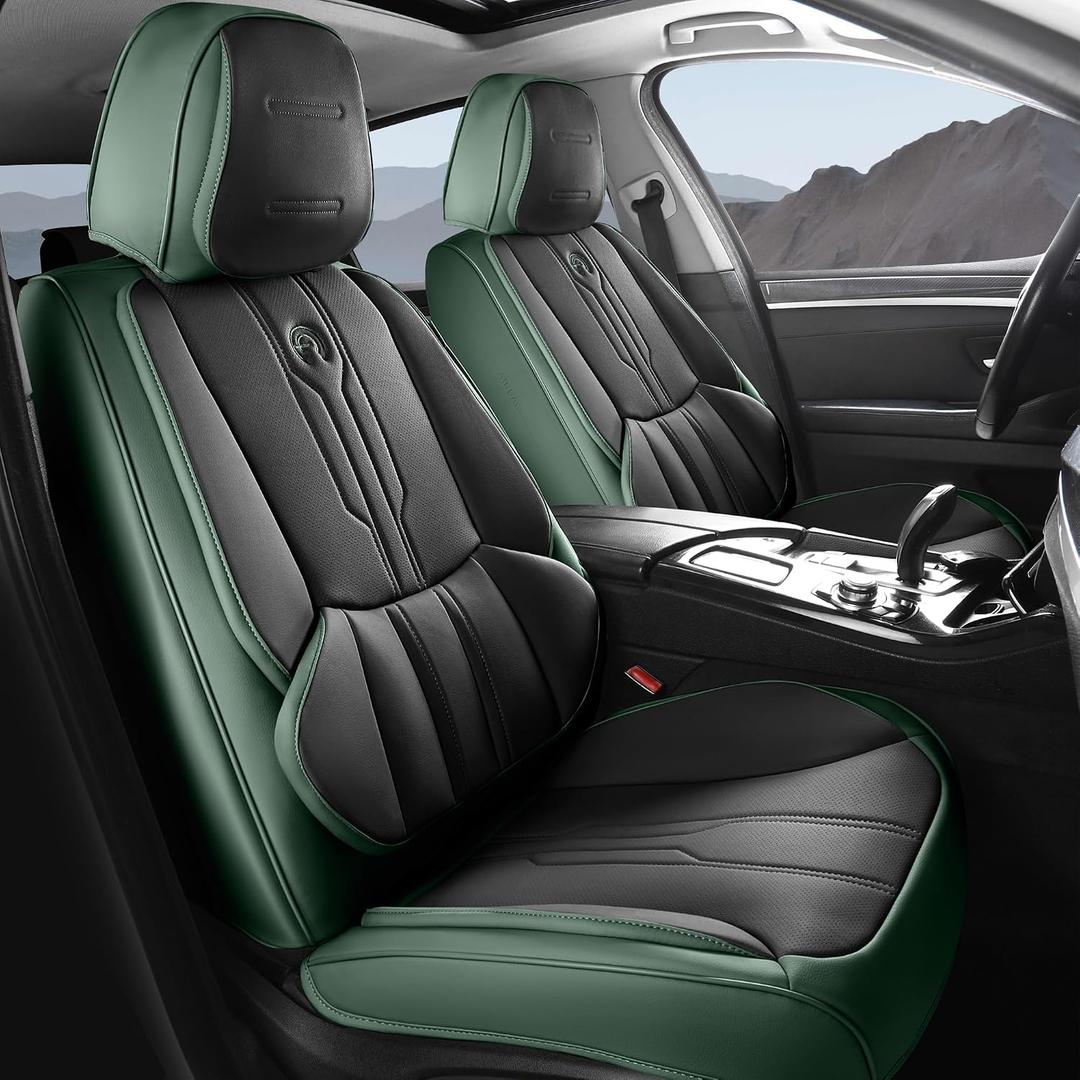 AOOG Seat Covers Custom Fit for Dodge Ram 1500/2500/3500 2002-2025 Faux Leather Seat Cover Set Compatible with Crew, Regular, Quad, Mega Cab, Car Truck Cushions (Blackgreen, Curved Rear, Full Set)