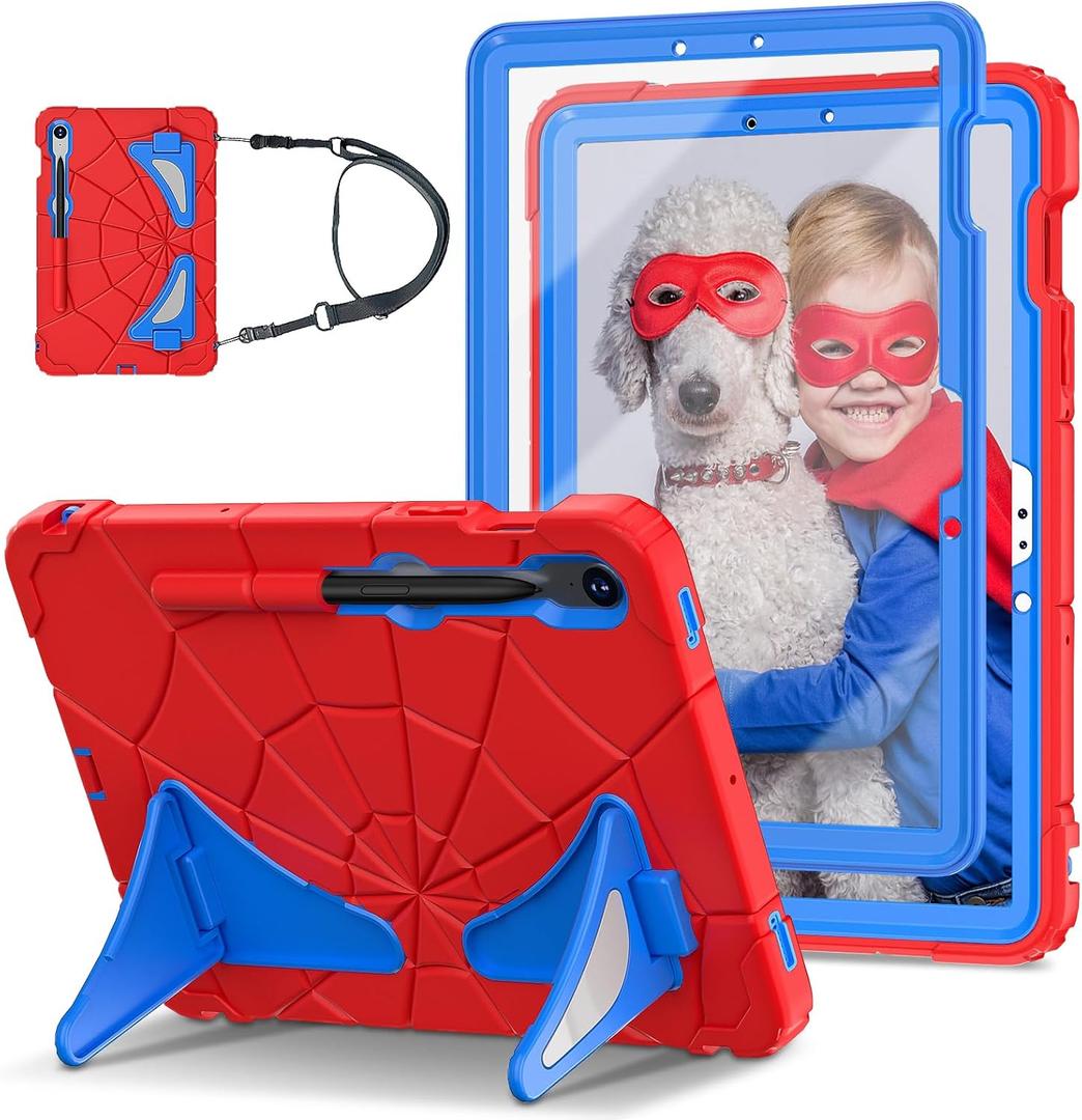 SIBEITU Case for Galaxy Tab S9 11 Inch 2023 Model SM-X710/X716B/X718U with Screen Protector Pen Holder | Hybrid Shockproof Rugged Case w/Stand Shoulder Strap for Samsung Tab S9 FE 5G 10.9" | Red