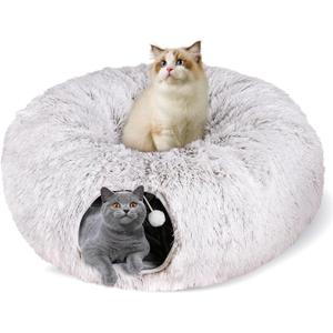 Cat Tunnel Bed for Indoor Cats, Peekaboo Cat Cave with Washable Soft Play Mat, Furry Cat Tube, for Kitten/Puppy/Rabbit, Brown