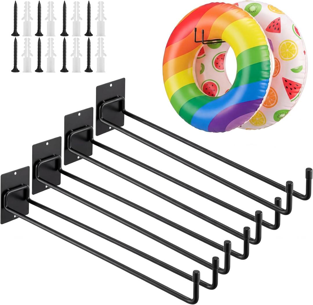 4 Pcs Metal Pool Float Storage Holder, 17.3 Inch Heavy Duty Wall Mount Pool Float Organizer Storage Rack with Hangers for Swimming Ring, Towel, Tools & More Indoor Outdoor