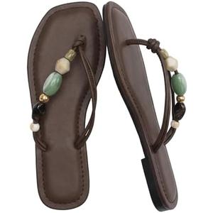 Molozoey Beaded Flip Flops For Women Comfortable Strappy Thong Sandals with Knot Detail Slip On Flats Square Open Toe Dress Shoes, Size 8