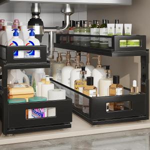 2 Pack 21.3IN-Depth Under Sink Organizer with Next-Gen Ball-Bearing Slides,2-Tier Pull Out Cabinet Storage, Height Adjustable Drawer Shelf for Bathroom, Kitchen, Laundry, Cabinet, Pantry-Black