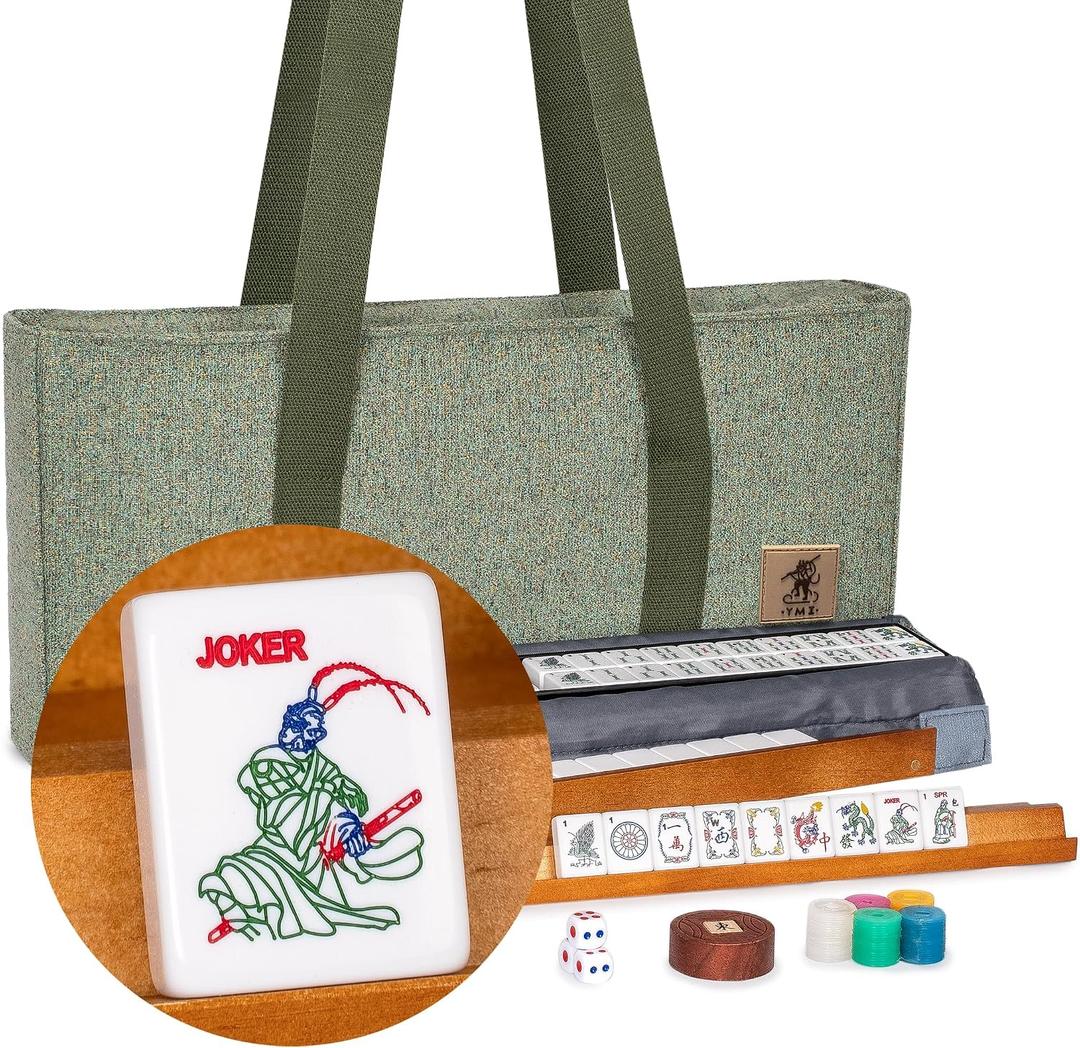 Yellow Mountain Imports American Mahjong Set “Celestial Harmony” Intricately Detailed Carved Tiles, Green Soft Case, Wooden Racks with Pushers, Dice, Wind Indicator & Wright Patterson Scoring Coins