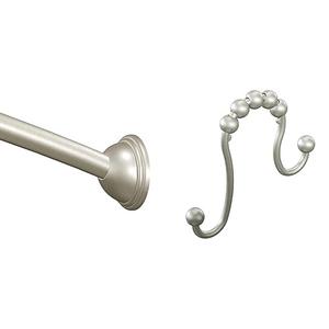 Moen Brushed Nickel 5-Foot Curved Fixed Mount Shower Curtain Rod with Pivoting Flanges, CSR2165BN and Moen SR2201BN Shower Curtain Rings (Pack of 12)