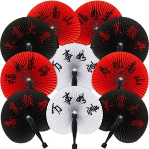 Jetec 15 Pcs Chinese Folding Hand Fans, Oriental Japanese Paper Handheld Fans for Wedding Party Decoration Asian Dance Performance Fan Set Summer Festival Favor Supply Gift (White,Black,Red,Round)