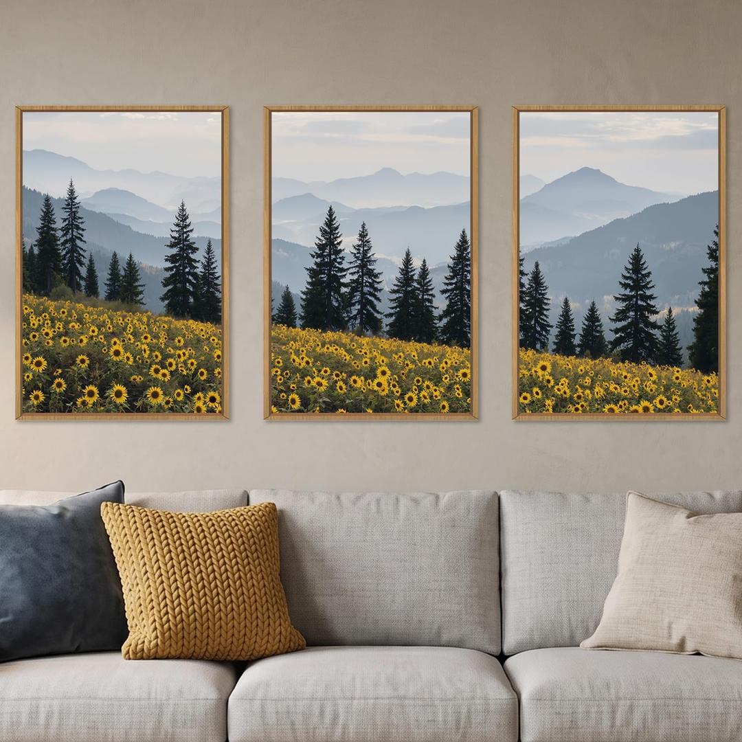 HPNIUB Large Boho Wildness Sunflower Framed Canvas Wall Art Set -24"x36"x3