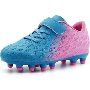 brooman Kids Firm Ground Soccer Cleats Boys Girls Athletic Outdoor Football Shoes(11.5,Blue Pink)
