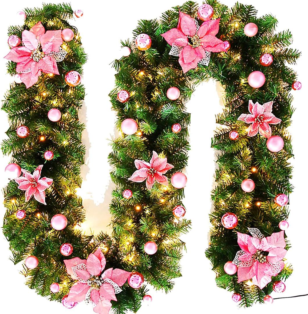 Christmas Garland - 8.8ft Christmas Rattan Artificial Flower Vine Plants Indoor Outdoor Garden Gate Home Decorations, Christmas Garland with Pre-Lit Battery Operated (Pink, 8.8 Ft)