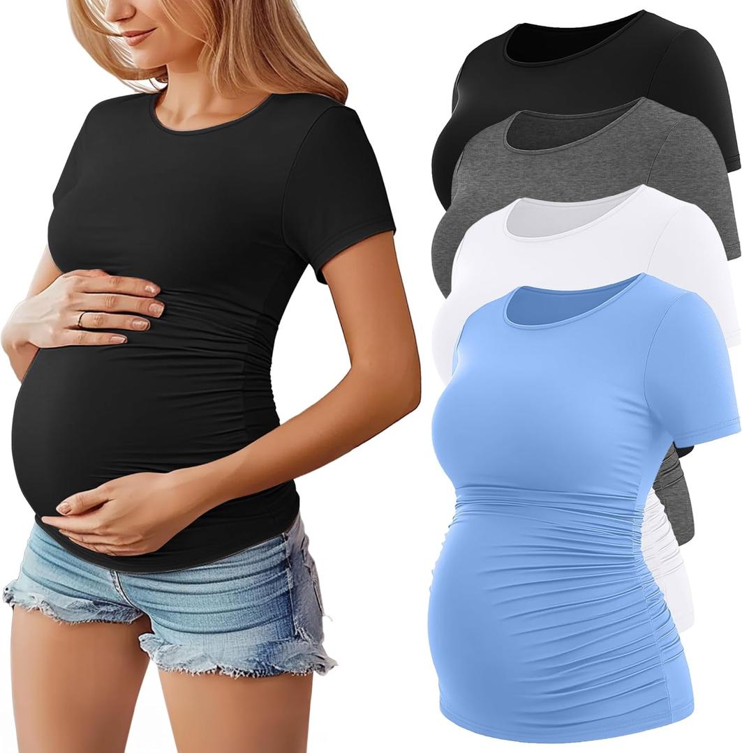 Huukeay 4 Pack Women's Maternity Shirts, Crew Neck Maternity Top Short Sleeve Casual Cotton Tee Side Ruched Pregnancy Clothes (Medium, Black, White, Dark Gray, Light Blue)