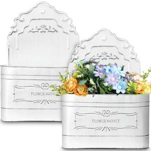 Zhehao 2 Pack Wall Planter Outdoor 13 Inch Chic Metal Wall Hanging Planter Decorative Rustic Front Door Basket for Farmhouse Garden Decor(White)