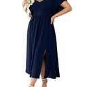 SCOMCHIC Women Plus Size Dresses Short Sleeve Sweetheart Neckline Wedding Guest Cocktail Smocked A Line Slit Maxi Dress Navy Blue 1XL