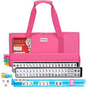 American Mahjong Tile Set,166 White Tiles Mahjong Set,4 Colors Mahjong Racks,Travel Mahjong Set with Pink Carrying Bag, 1.2" X 0.9" X 0.5"