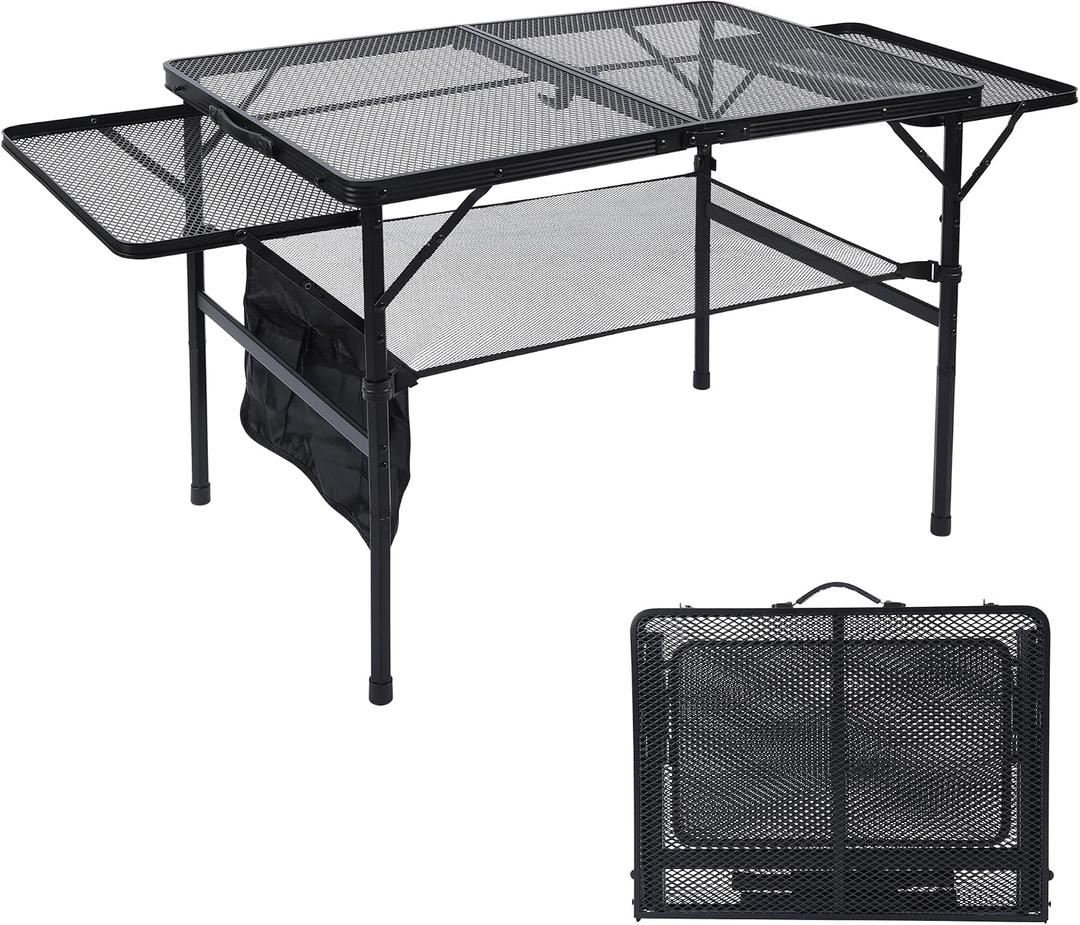 JOUYEK Folding Grill Table, 3x2 FT Portable Camping Table with 2 Wing Panels, Height Adjustable Metal Tables with Mesh Desktop and Mesh Bag, Outdoor Furniture for Camping, Picnic, Beach and BBQ, Black
