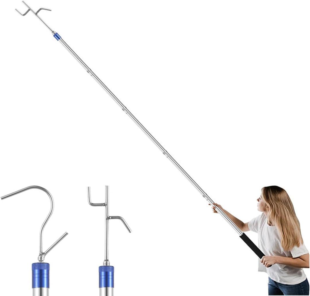 Stainless Steel Heavy Duty Clothes Hook Pole, 35-78Inch Adjustable Reach, 2 Hooks for Closet, Outdoor, Garment, Hangers