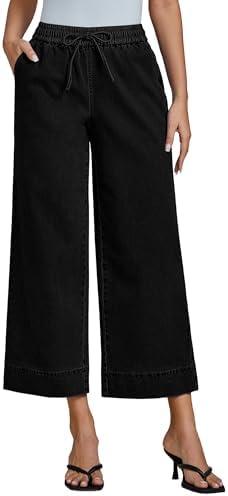 luvamia Wide Leg Jeans for Women High Waisted Cropped Pull On Jeans Elastic Wasit Drawstring Stretch Denim Trouser Pants L